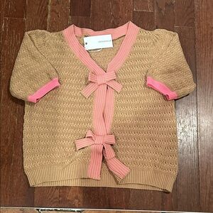 Boutique Beige Cardigan with Pink Trim
